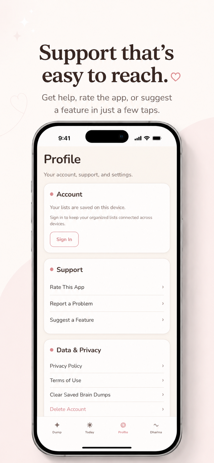 Profile and support screen