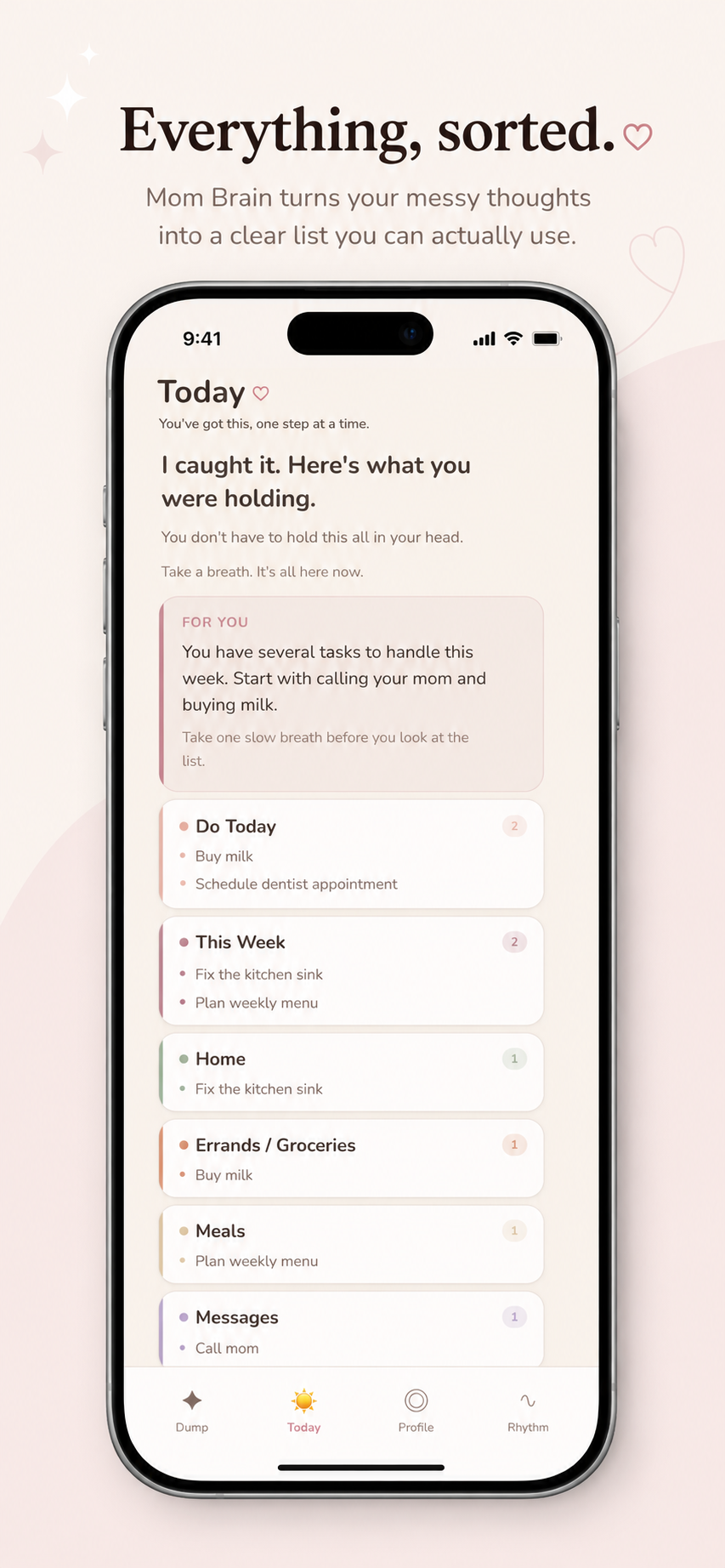 Mom Brain sorted list screen